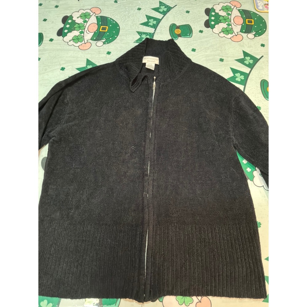 Worthington Essentials Black Full Zip Chenille Sweater Mock Neck Cardigan Large